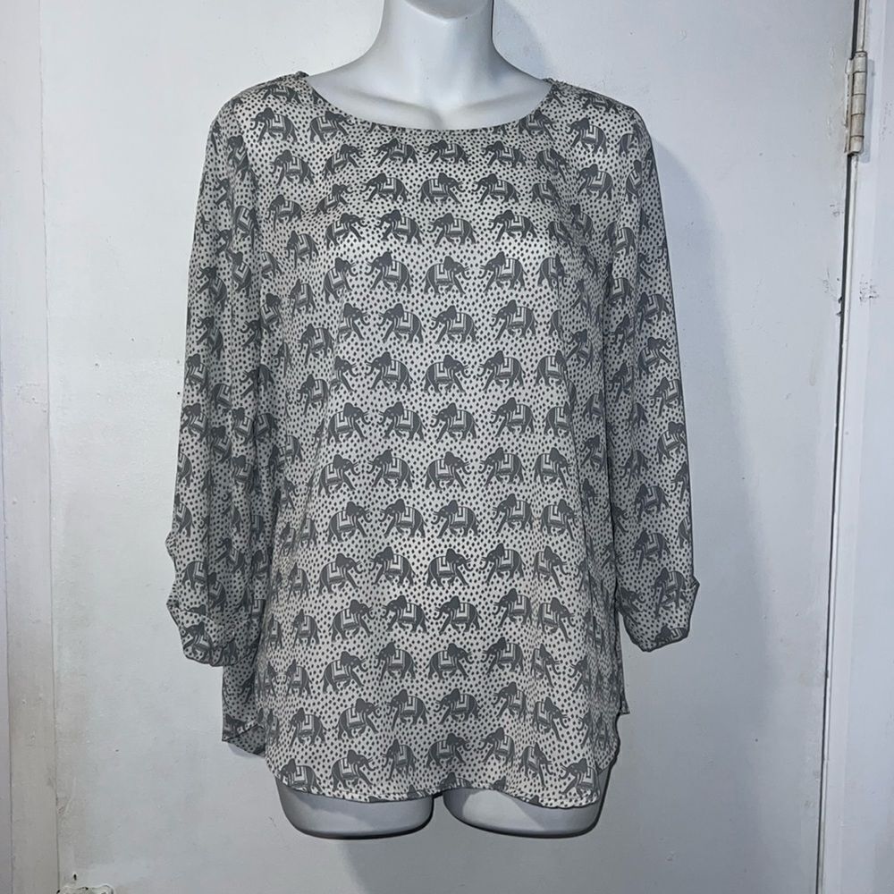 PIXLEY STITCH FIX Gray Elephants Semi Sheer 3/4 Sleeve Blouse-M
